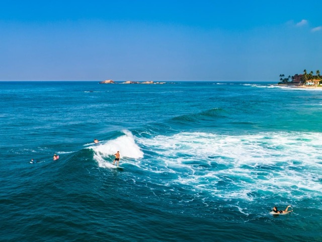 Surfer riding a wave at Hikkaduwa beach, south coast Sri Lanka