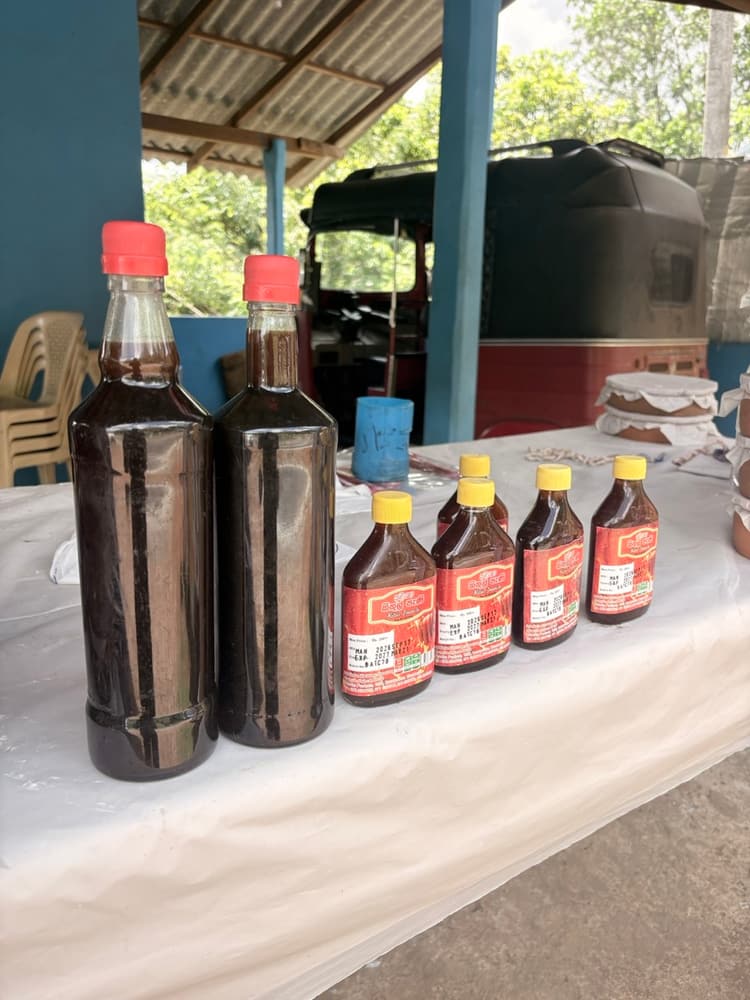 Bottles of dark kithul palm treacle on a table at a roadside curd stall near Kantale